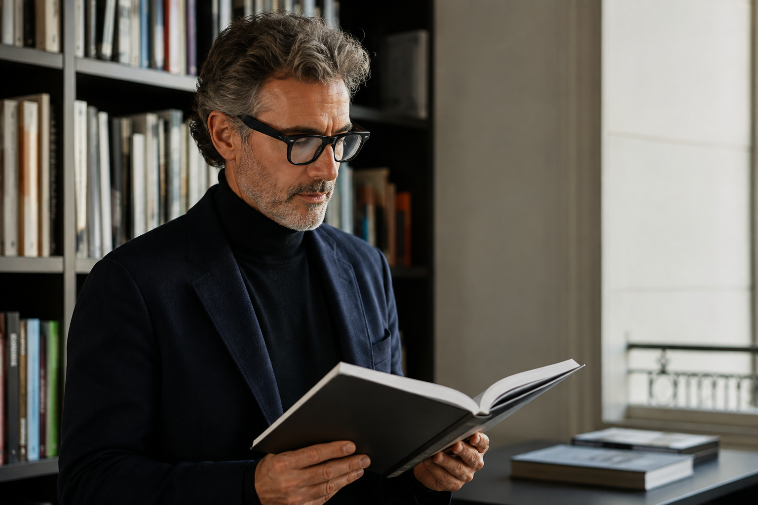 Uomo che indossa Phoenix Smart E13 in una biblioteca di design